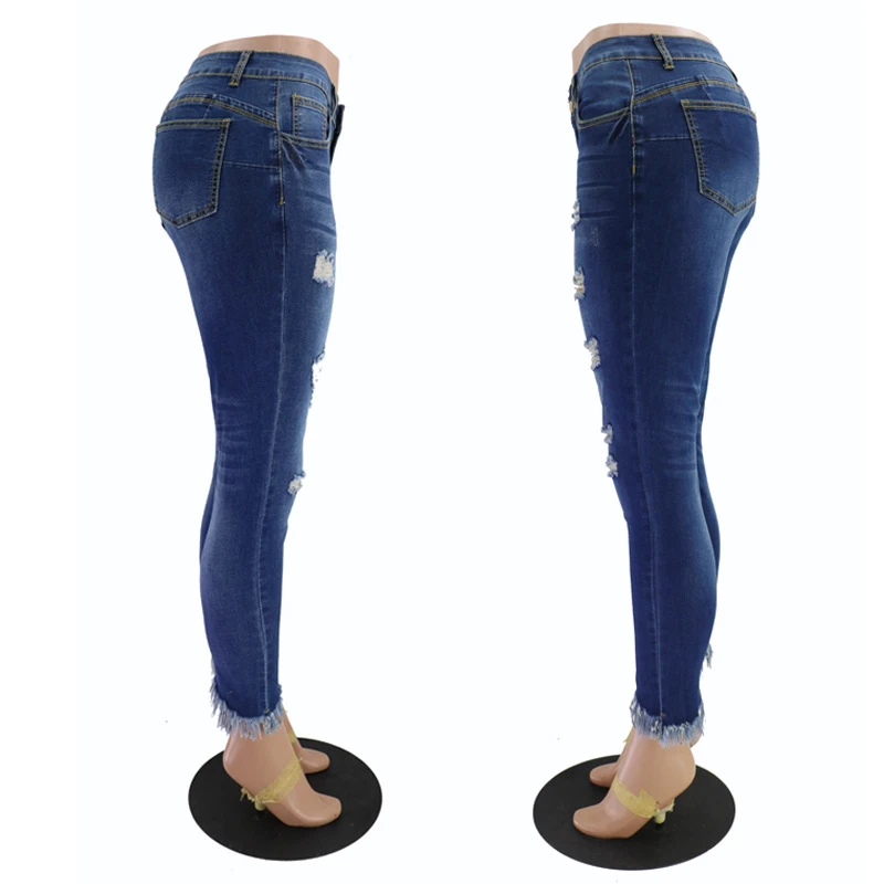 2020 New fashion High waist Elastic force Irregular tassel Pencil  Pants Jeans women ladies jeans
