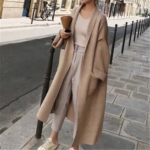 2021 Hign Quality Autumn Winter Korean Oversized Striped Mide Cardigan Loose Knitted Batwing Sleeve Long Sweaters For Women