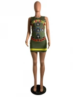 2021 new arrivals skull cross printed women sleeveless dress print tie rope thin waist short casual women dress