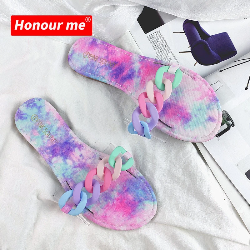 2021 Spring new style women summer slippers fashion colorful slides flat shoes pvc clear chain ladies slippers and sandals