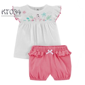 2021 Summer Newborn Baby Girls Clothing Suit 2pcs Spring Cotton Short Sleeve Clothes For Kids Tops+Pants Custom Pullover Set