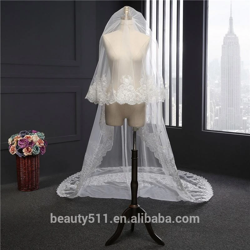 2021 wholesale new long lace bridal dress veil long Tulle embroidered lace bridal dresses wedding veils HL12