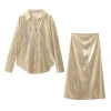 2024 Spring New European and American Womens Fashion Golden Silver Shirt and Skirt Two Pieces Set