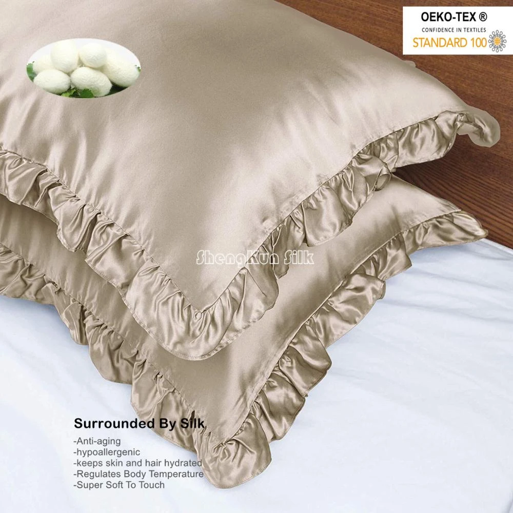 2Pcs Silk Pillowcase  Oxford 5cm White Flounce Border Pure Mulberry Natural Charmeuse Soft Luxury taupe Queen(20x30)