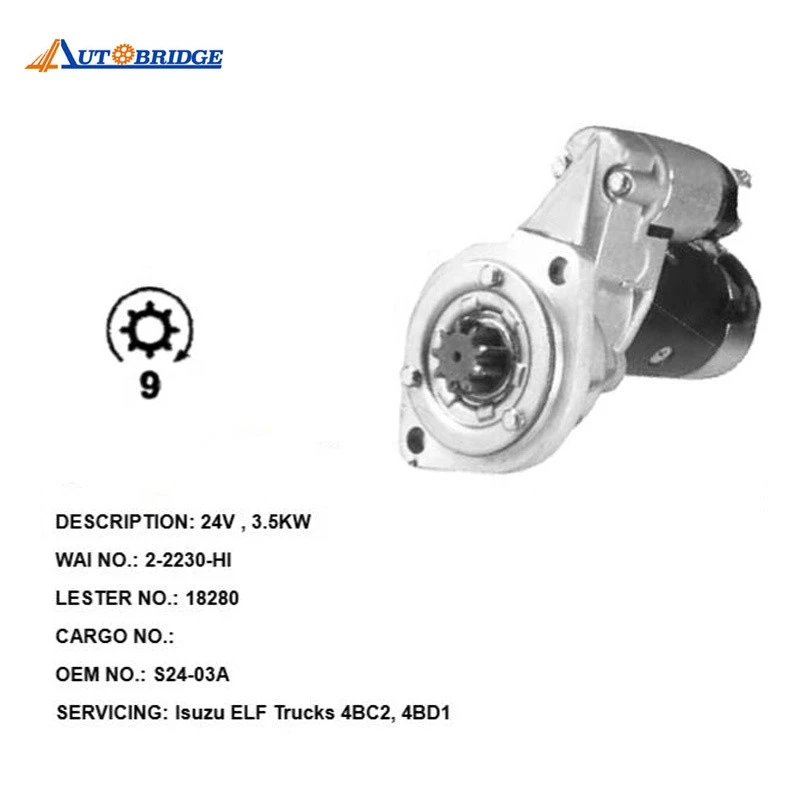 4BC2 4BE1 4BD1 24V 3.5KW 9T  18280 2-2230-HI S24-03A 110723 5-81100-128-0 starter motor assembly for ISUZU ELF TRUCKS