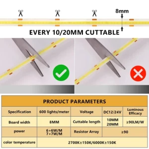 600LED Two lines 7+7W/M 6+6W/M Double Sided Plating Version 8MM Flexible High Density LED Strip COB Light Strip