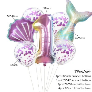 7pcs/lot Mermaid Party Balloons 32inch Number Foil Balloon Birthday Party Decorations Kids Baby Shower Decor Helium Globos
