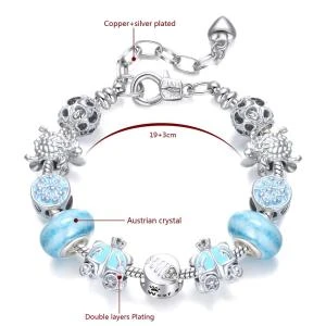 Adjustable Snake Chain Silver Plated Turtle Charm Bracelet Fresh Light Blue Pumpkin Cart Crystal Beads Charm Bracelet