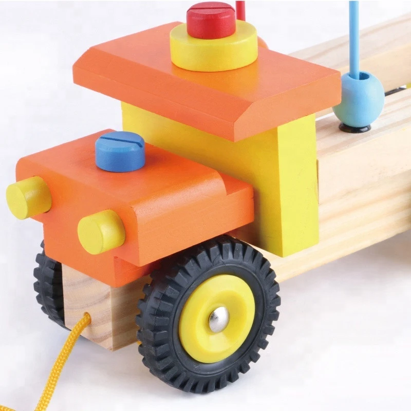 Assemble Wooden Cart toy with fruit beads for kids Practice and learning