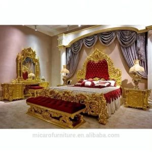 baroque expensive wood hand carved royal furniture gold plated bedroom set with red fabric headboard