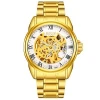 BOSCK mens luxury gold stainless steel mechanical skeleton watch