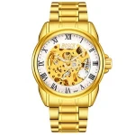 BOSCK mens luxury gold stainless steel mechanical skeleton watch