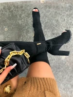 BUSY GIRL AL5173 Black rubber peep toe high heel thigh high boots women shoes