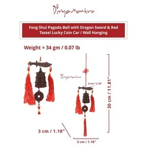 Car Decoration Rear View Mirror Hanging Accessories Feng Shui Pagoda Bell with Dragon Sword &amp; Red Tassel Lucky Coin Ornament