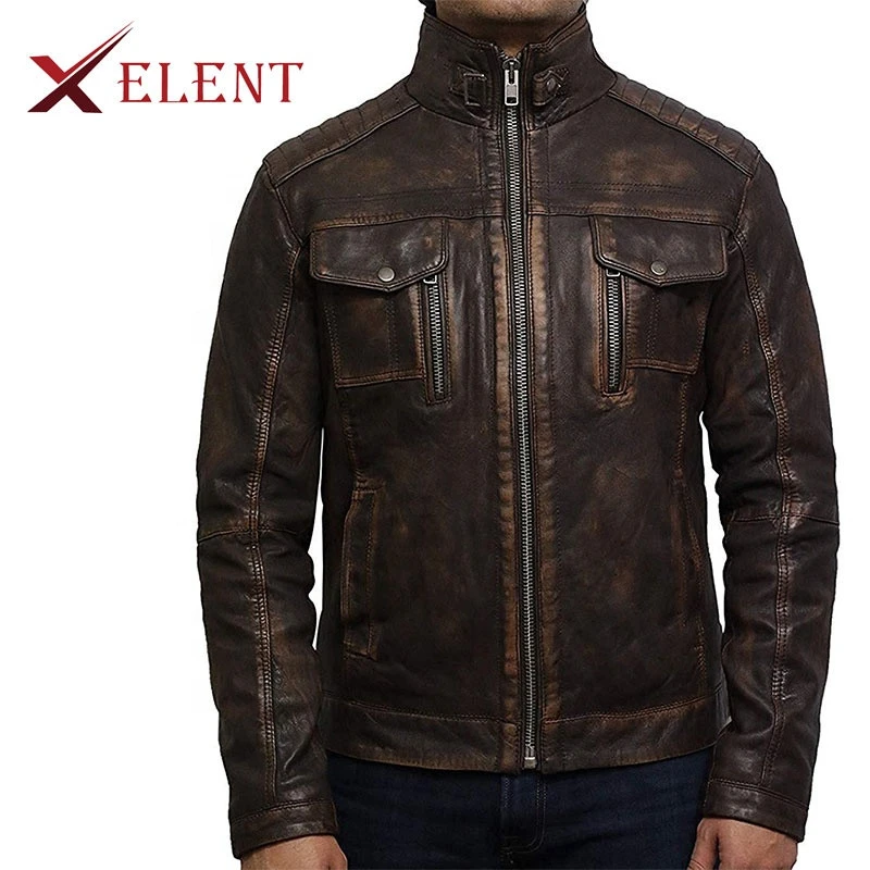 Casual Fashion Mens Motorcycle 100% Genuine Leather Jacket COW Skin Polished Garment SPLIT Belt