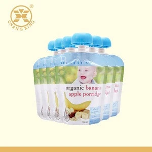 Changxing FDA plastic stand up pouch with spout for organic banana apple porridge packaging, baby foods spout bag
