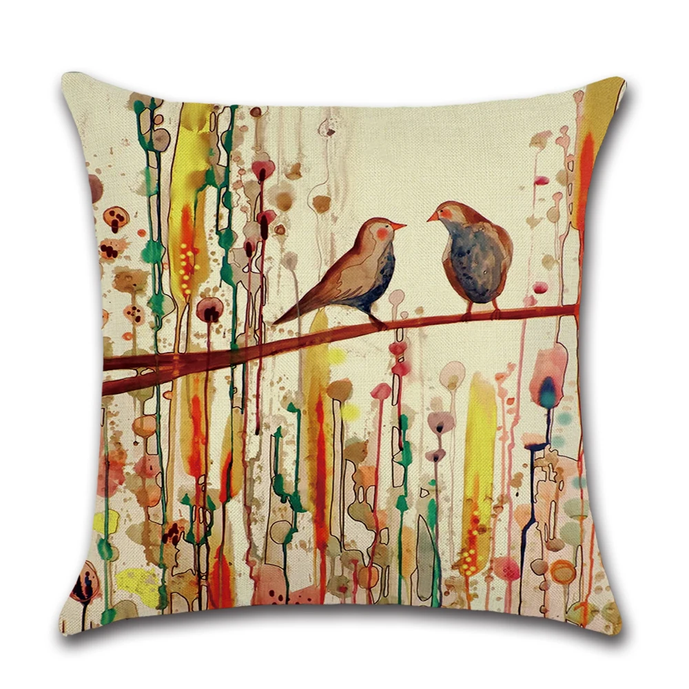 Colorful Dird Watercolor Style Linen Material Decorative Pillow Cushion Cover Pillow Case Cover Decorative