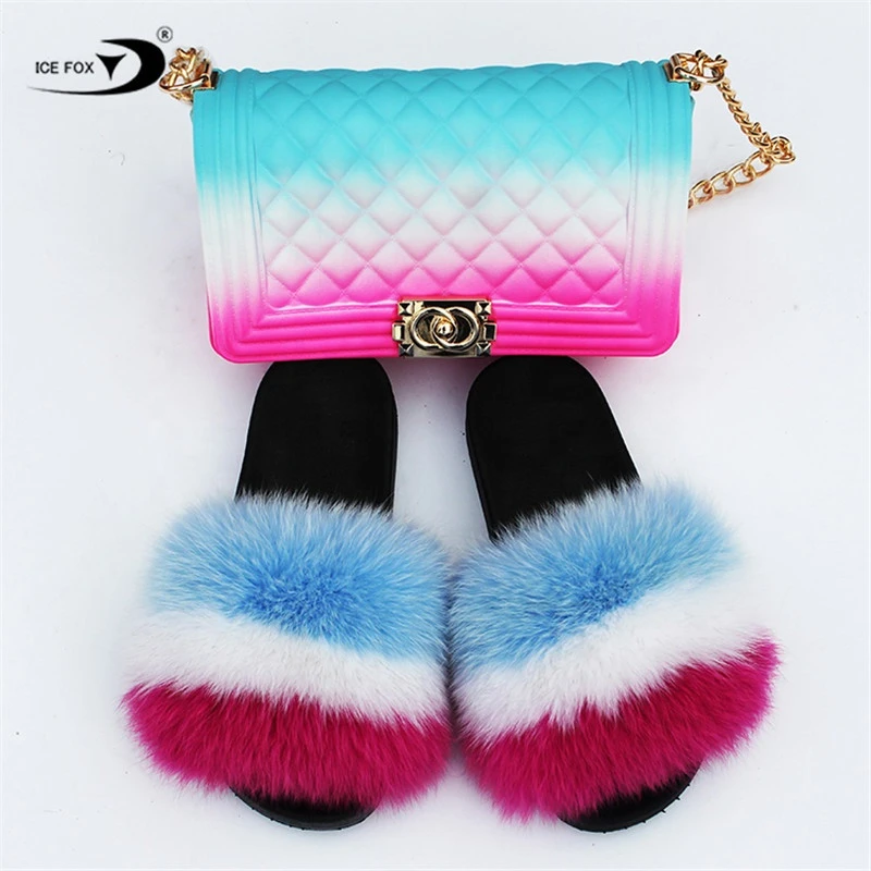 Colorful Flip Flop Ladies Fluffy Slides Cheap Real Fur Slipper with Matching Bag Set