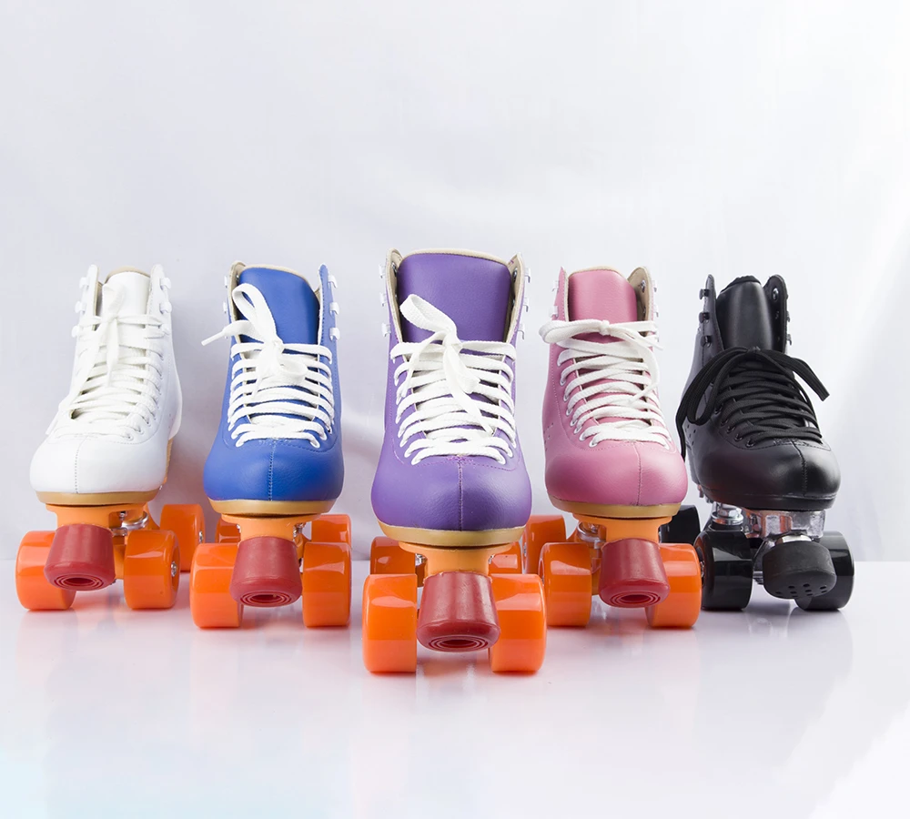 Colorful Genuine leather PU wheels durable quad roller skates professional for rental rink