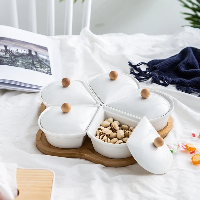 Creative dried fruit plate set ceramic plate bamboo tray food storage&container with a lid home plate snack nut box