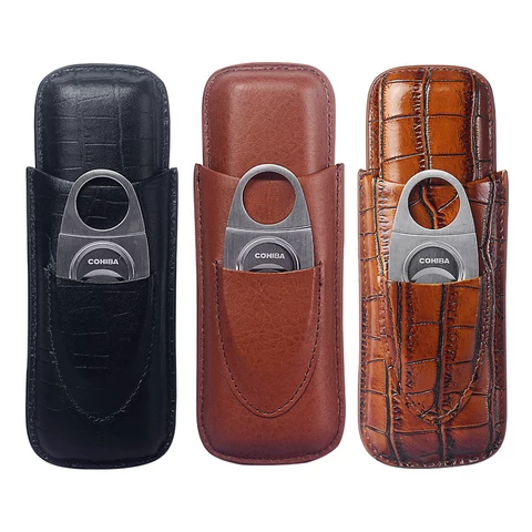 Crocodile Portable Wholesale Humidor Brown Waterproof 2 Finger Preminum Leather Trave Cigar Case With  Cutters