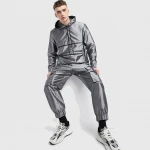 custom fashion zipper pockets silver reflective jackets&pants training&jogging street wear suits casual mens tracksuits