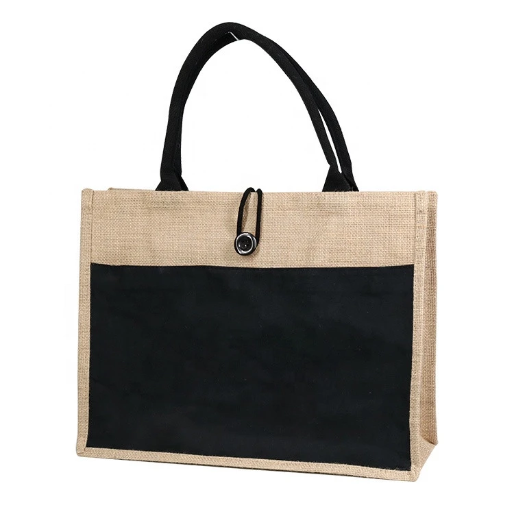 Custom Large Shopping Jute Tote Burlap Bag Hemp Packaging Bag With Outer Pocket