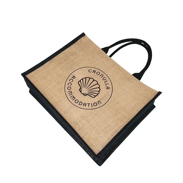 Customized Logo Black Handle Durable Packaging Printed Jute Bags