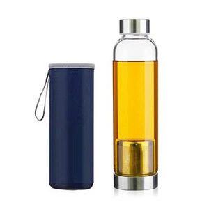 Double wall glass stainless steel tea infuser, tea cup glass water bottle with infuser , sports glass water bottle with silicone