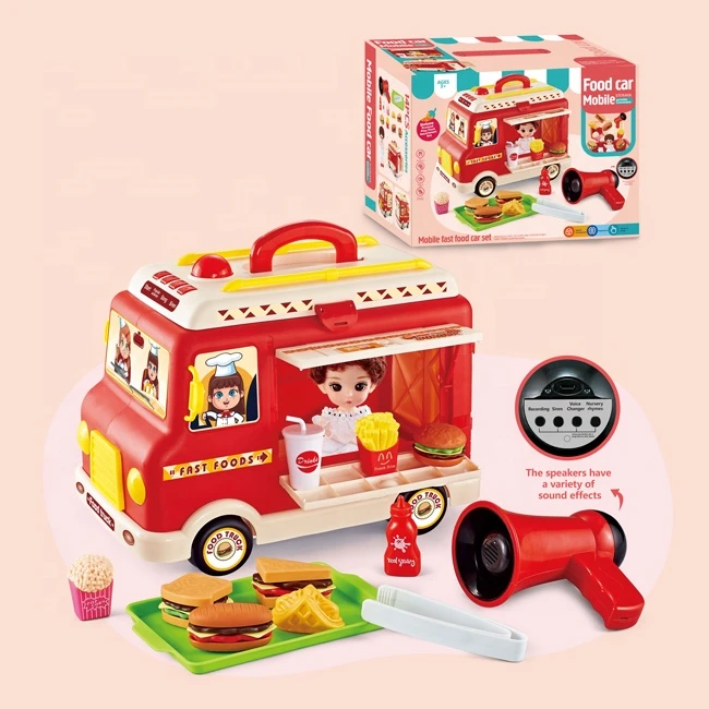 Electric mobile fast food car set food truck include trumpet amusing kitchen play set pretend with sound and light