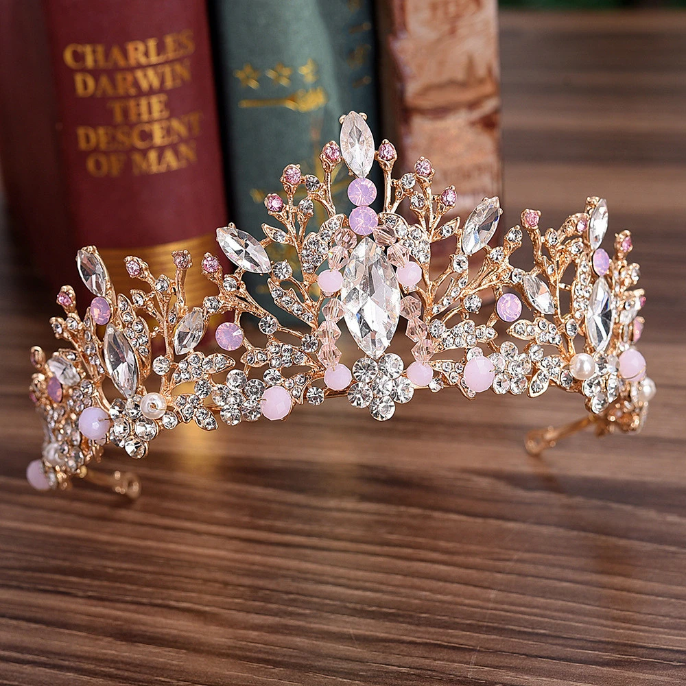 Fashion Bridal 18k gold plated cz wedding Crystal pink diamond tiaras and crowns bride tiara silver rhinestone crown for adults