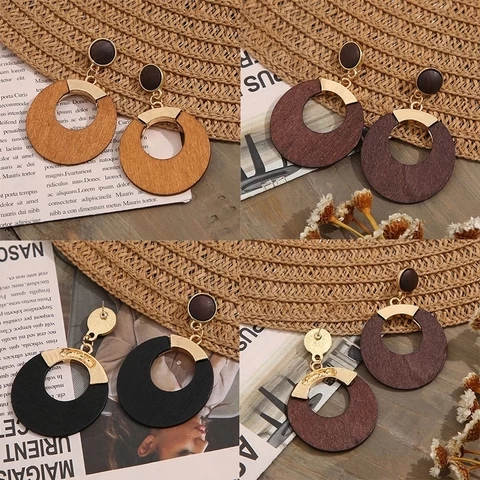 Fashion Natural Wood Drop Earrings For Women Retro Elegant Brown Black Wooden Round Dangle Earrings Gifts Jewelry