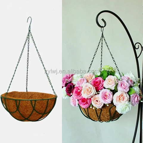 Flat bottom hanging basket planter with coco liner