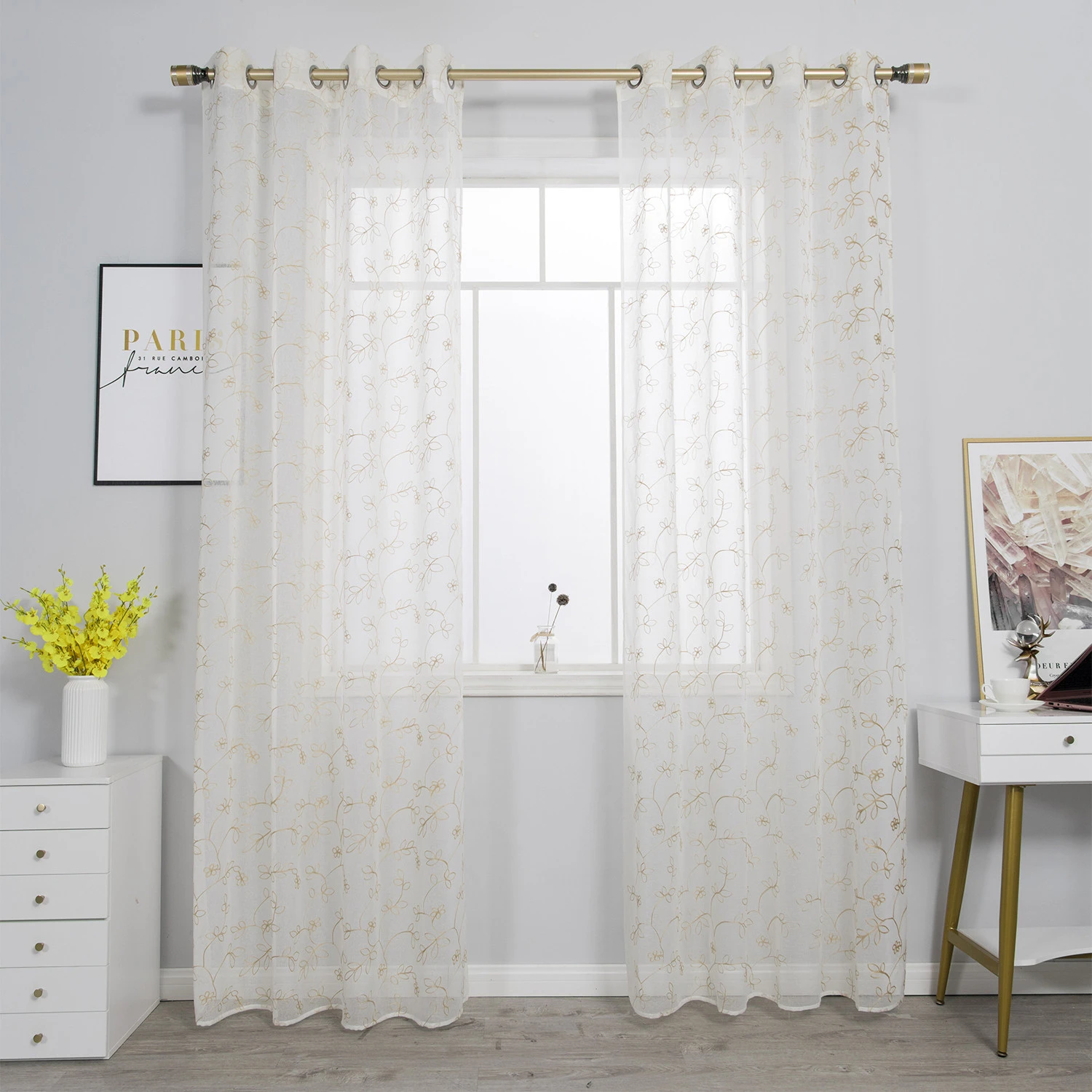 Floral Blossom Embroidered Semi Sheer Voile See Through Curtain Drapery Grommet Top Panels for Living Room
