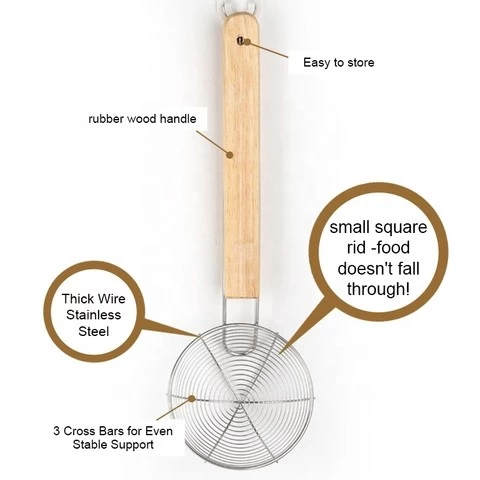 Food Grade Multi-purpose Oil Skimmer Stainless Steel Fine Mesh Strainer and Spider Strainer With Wooden Handle