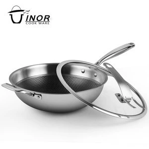 High quality 304 stainless steel non stick 3-ply coating wok with glass lid