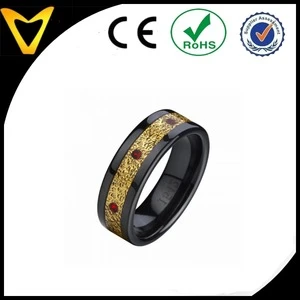 High Quality Luxury Black Ceramic Wedding Ring With Gold Carbon Fiber and Red Stone center Inlay