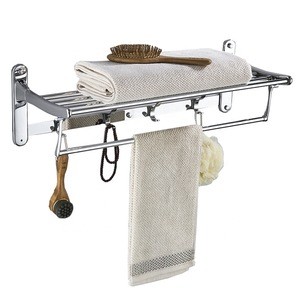 High Quality Wall Mount Stainless Steel Foldable Towel Rack with Hooks Movable Towel Shelf Bathroom Rack