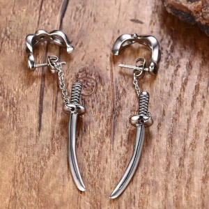 Hip Hop Style Stainless Steel Silver Plated Katana Mens Earrings Jewelry ES-123