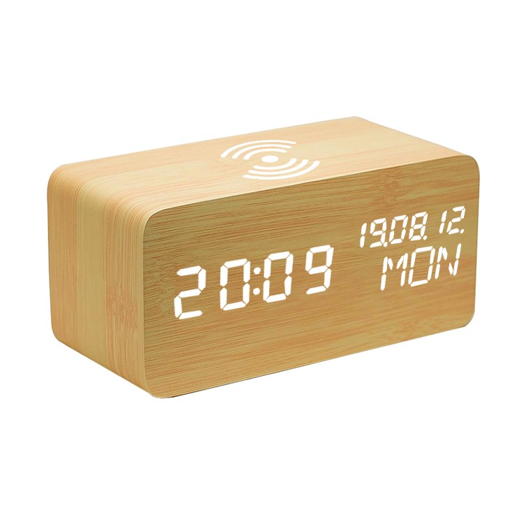 Home decoration nature wood color calendar week day alarm clock with wireless phone charger