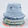 Hot Sale Two Color Resort Vacation  Distressed Cotton Jeans Outdoor Traveling Fashion Women Lady Stylish Sun Cap Bucket Hat