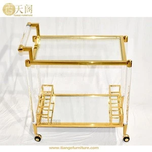 Hotel Furniture Antique Brass Metal Glass Acrylic Drinks Serving Trolley Bar Cart