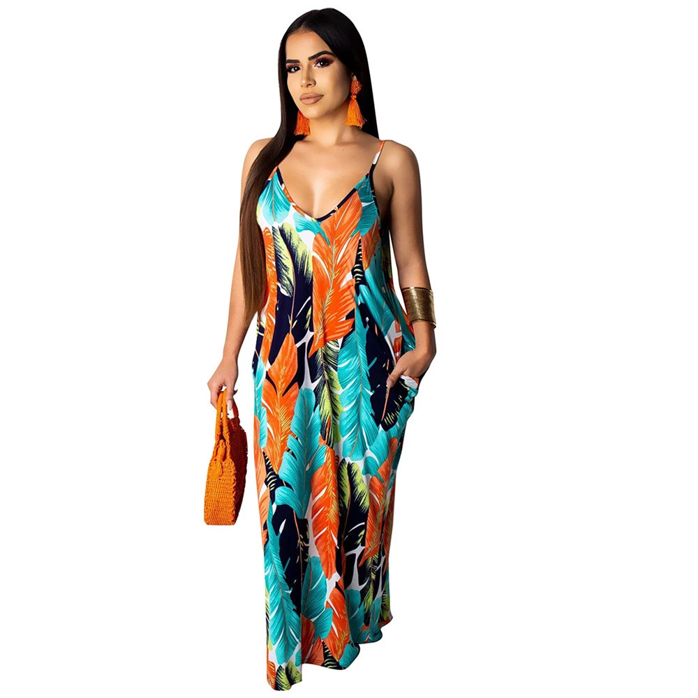 JY-907 2021 Summer Cotton Sun Dress Printing Slip Maxi Dresses Women Spaghetti Strap Plus Size Casual Dresses