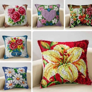 Latch Hook Kits for DIY Throw Pillow Cover,Needlework Cushion Cover Hand Craft Crochet for Great Family 15.7X15.7inch Flower