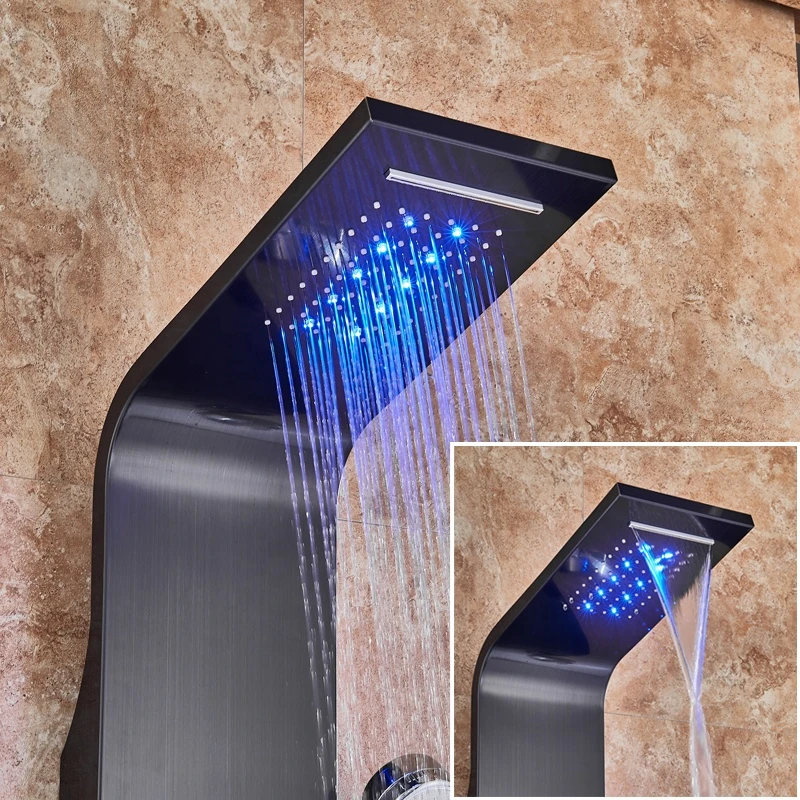 LED Light Shower Faucet Waterfall Rain Black Shower Panel In Wall Shower System with Spa Massage Sprayer Bidet Head Handshower