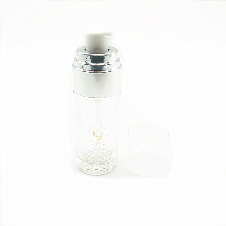 luxury refillable cosmetic lotion pump glass bottle round shape transparent color 100ml