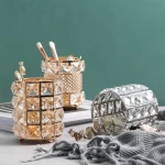 Makeup Brush Holder Luxury Gold Metal Vanity Storage Box Organizer Case Cup Cylinder Diamond Make Up Crystal Makeup Brush Holder