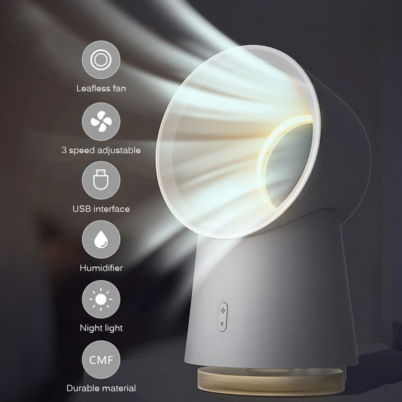 Mini Cooling Fan Leafless 3 in 1 Desktop Fans Mist Humidifier LED Night Light 3 Speed Adjustable Table Fan for Home Office