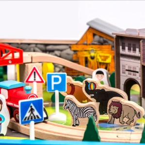 Montessori Materia Natural Premium Wood 108 Pcs Track Train With Table Set Kids Friendly Building Toy