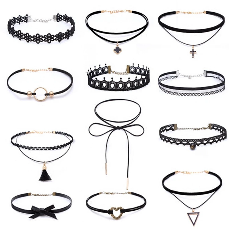 multi designs choker set necklace, start design chocker necklace, gold charm gothic collar necklace
